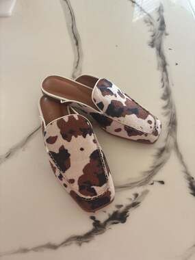 Cow Print Faux Fur Mule Loafers Slip-On Shoes Western Style Flats 8.5